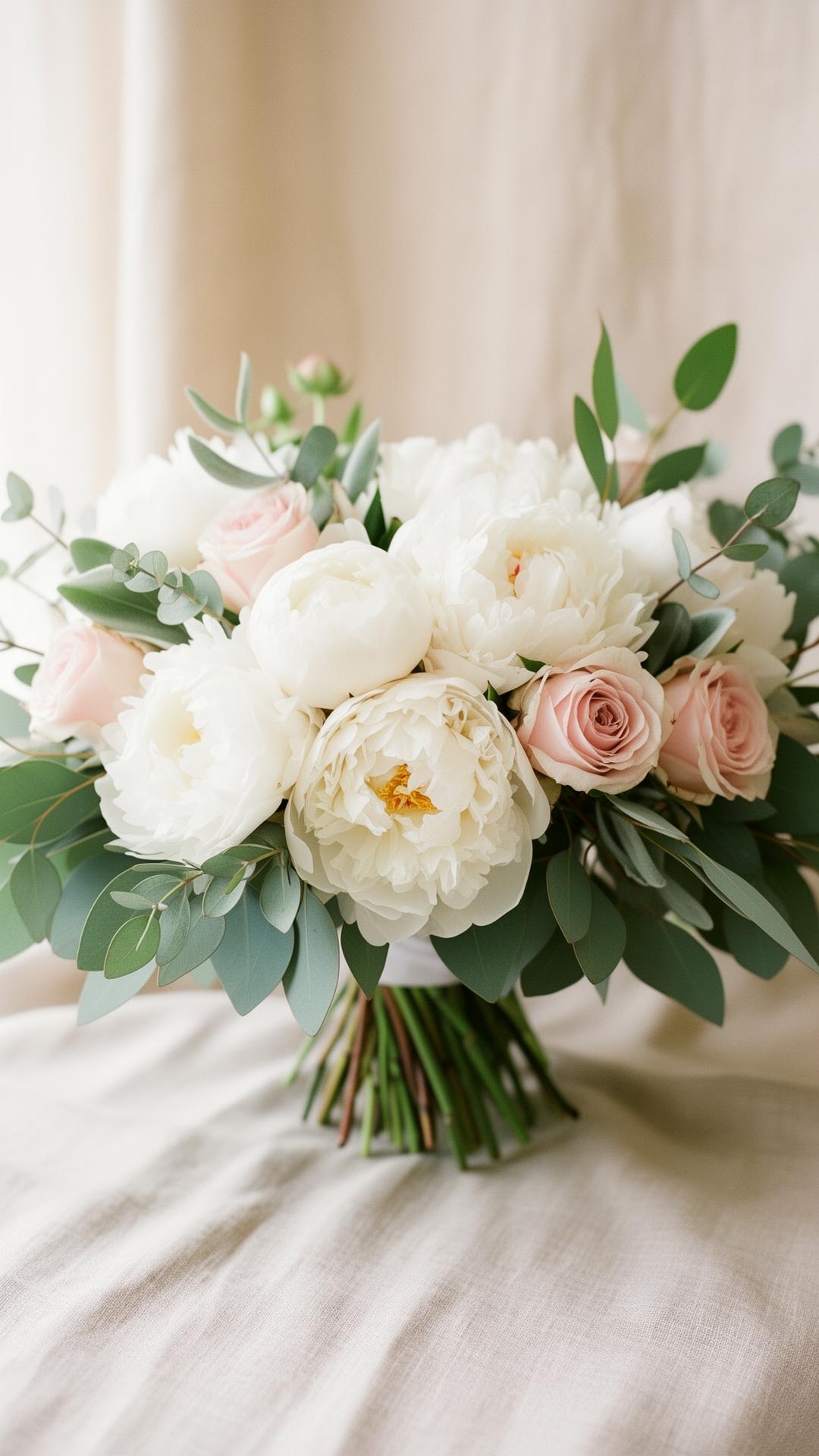 Bouquet elegante di peonie bianche e rose rosa
